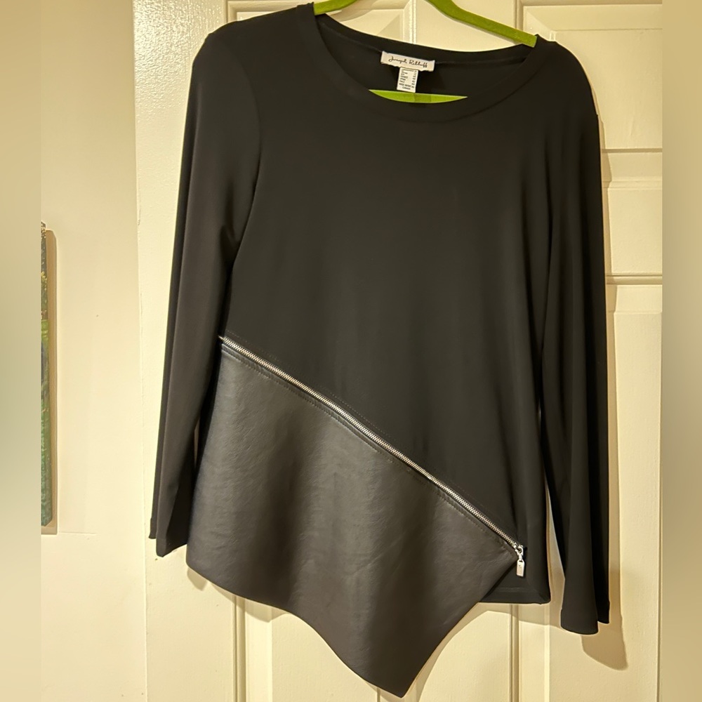 Never worn black Joseph ribkoff tunic with faux leather and zipper embellishment
